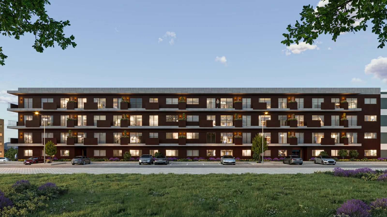 Render de conjunto do Living Canedo ao fim da tarde