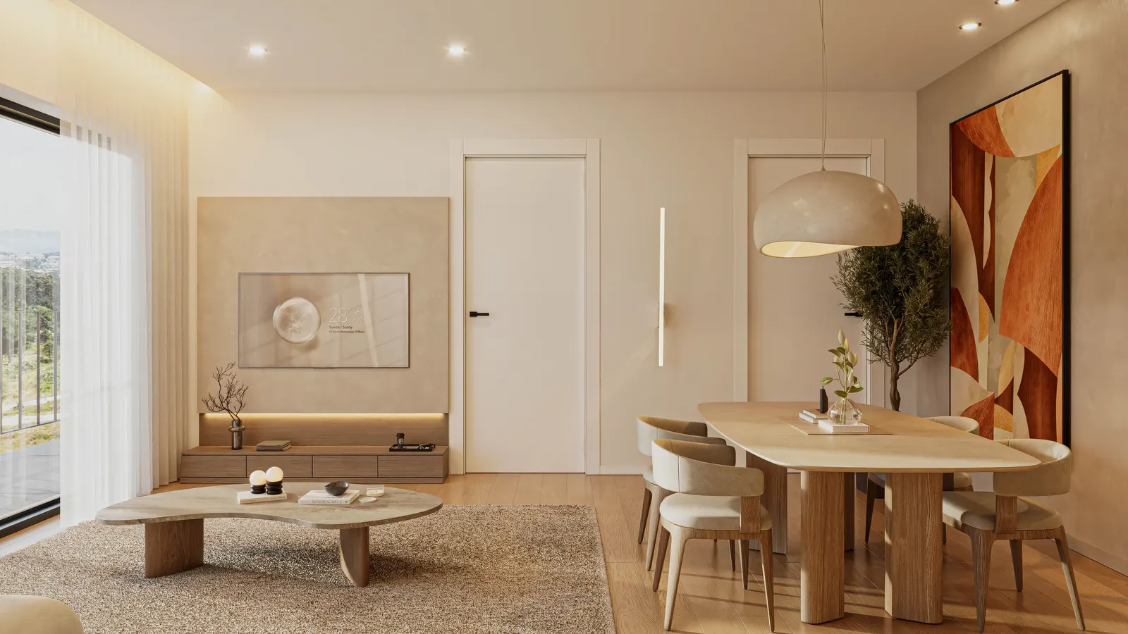 Render ilustrativo da sala de um T1+1 do Living Canedo